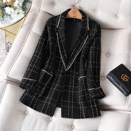 Wełna damska mieszanka ponadwymiarowa kraciasty Tweed Kurtka Koreańska moda Blazer Blazer Coat Office Elegant Single Button Owewear Plus Size 230905