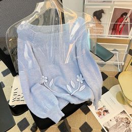 Women's Sweaters Blue Color Appliques Fashion Women Sweater Pullover Spring Autumn Full Sleeves Elegant Loose Casual Lady Jumpers