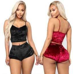 sexy set Women's Fashion Solid color Two-Piece sexy Lingerie Outfit Strap Crop Top with Shorts Nightwear Set Plus Size Q0706234A