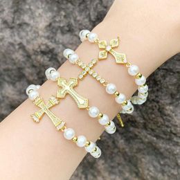 Link Bracelets Copper Zircon Cross For Women White Pearl Beaded Chain Elastic Gold Plated Jewelry Gifts Brte68