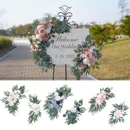 Decorative Flowers Wreaths Yan Artificial Wedding Arch Flowers Kit Boho Dusty Rose Blue Eucalyptus Garland Drapes for Wedding Decorations Welcome Sign 230906