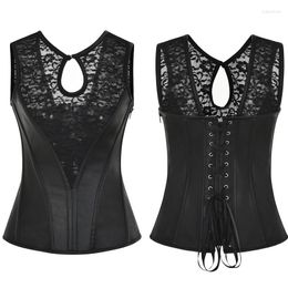 Bustiers & Corsets Black Sexy Lace Patchwork Leather Steampunk Waist Trainer Corset Vest Gothic Up Zipper Side Top S-6XL Plus Size