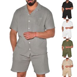 Men's Tracksuits Summer Men Cotton And Linen Casual Solid Colour Short Sleeve Button Shirt Beach Shorts Two Set