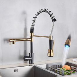 Kitchen Faucets LED Black Bronze Spring Faucet Pull Out Sprayer Chrome Dual Spout Single Handle Mixer Tap 360 Rotation