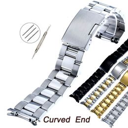 Watch Bands Curved End Stainless Steel Watchband 16mm 18mm 19mm 20mm 21mm 22mm 24mm 26mm Universal Wrist Straps Silver Gold Bracelet Band 230905