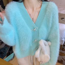 Womens Sweaters Imitation Mink Knitted Cardigan Female Korean Fashion Spring Autumn Soft Slim Casual Vneck Knitewear Sweater Coat 230905