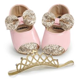 First Walkers Baywell Baby Girl Shoes Hair Band Infant Toddler Fashion PU Sequins Bowknot Non-slip Princess First Walker Baptism Shoes 230906