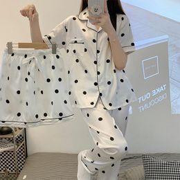 Women's Sleepwear Pajamas Short Sleeved Shorts Long Pants Cardigan Three Piece Set Home Wear