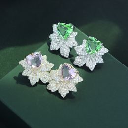Korean New Romantic Green Zircon Heart Earrings Designer Leaf Flower s925 Silver Earrings Charming Female Micro Set Zircon Earrings High end Jewellery Accessories