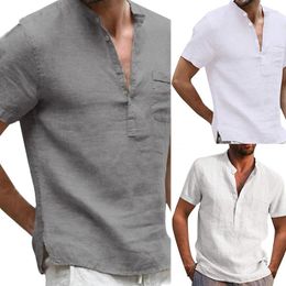 Men's Casual Shirts Mens Short Sleeve Linen T Buttons Front Stand Collar Regular-Fit Lightweight Beach Yoga Summer Pullover Tops