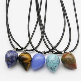 Pendant Necklaces Natural Stone Water Drop Multicolor Leather Rope Necklace Pendants Reiki Charms Jewellery Accessories Wholesale Festival