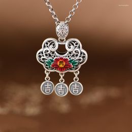 Pendant Necklaces NY Vintage Ethnic Style Hollow Out Auspicious Silver Lock Cloisonne Peony Women's Necklace