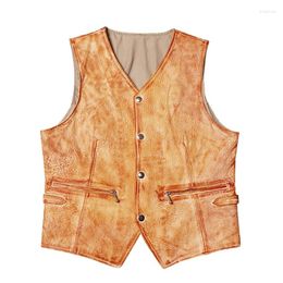 Men's Vests Retro Vintage Style Yellow Spring Leather Vest Men Plus Size 4XL Natural Sheepskin Slim Fit Short Genuine Coat
