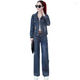 Women's Two Piece Pants Jeans Fashion Two-piece Loose Korean Temperament Slim Coat 2023 Spring And Autumn Wide-leg Suit Tide