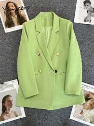 Womens Suits Blazers Blends Yitimuceng Women Blazers Green Jackets Spring Summer Fashion Office Ladies Elegant Coats Casual Double Breasted Outerwear 230906