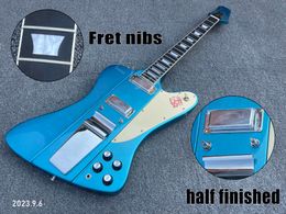 Electric guitar solid metalic blue cream pickgaurd with even pickguard gap chrome parts no tuners holes no bridge