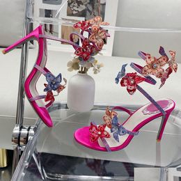 Sandals High Heeled Shoe Women Sandal 4-12 Designers Crystal Rhinestone Flower Decoration Stiletto Fuchsia Rome Rene Caovilla Serpen Dhfgp