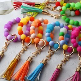 Sublimation Silicone Glow Beaded Bracelet pendant Keychain Wristlet Key Ring Bangle Chains for Mother Day with Leather Tassel sublimation ornament ups