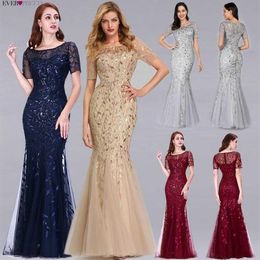 Formal Evening Dresses Ever Pretty Mermaid O Neck Short Sleeve Lace Appliques Tulle Long Party Gowns Robe Soiree Sexy SH190828252A