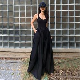 Casual Dresses Hepburn Style High Waist Sleeveless Midi Dress Women Summer Slim A Line Camis Gothic Black Pleated Party Night