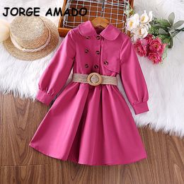 Jackets Gaya Korea musim semi gugur anak anak gadis mantel Peter Pan kerah jaket dengan ikat pinggang Double Breasted H7003 230905