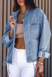 Women's Jackets Sky Blue Roll-Up Tab Sleeve Button Down Pocket Denim Jacket For Women Autumn Long Jeans Coat