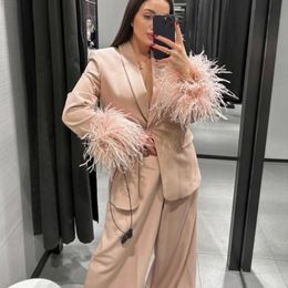 Womens Jackets Women Loose Solid Blazer Suits Feather Sleeve Jacket Wideleg Trousers Camisole 3piece Set Casual Elegant Pants Outifits Female 230906