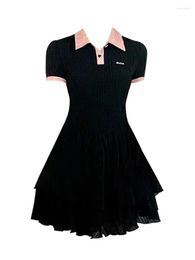 Casual Dresses Summer Tie POLO Collar Short Sleeve Dress 2023 Design Sense Black Waist Slimming Skirt Sweet And