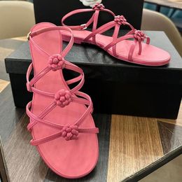 Sandals Maxdutti 2023 French Fashion Blogger Camellia Leather Flat Women Summer Casual Pink Open-toed Ladies