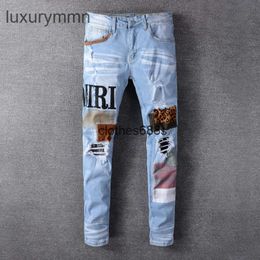 designers Jeans Amirrss men's Pants Trend fashion brand new light color embroidery patch elastic tight legged jeans #614 AGY1