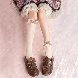 Women Socks Maid Lolita Cute Knee High Cosplay Costumes Accessories Nylon Lace Bow Anime Cartoon Girl Gift Pink