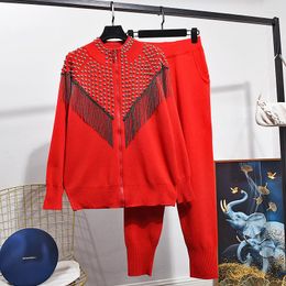 Women's Two Piece Pants Autumn Fashion Red Knitted Tracksuits Women Set Loose Rivet Tassel Zipper Cardigan Sweater Pencil Outfits Female