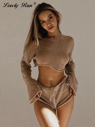 Women s Two Piece Pants Sexy Beach Crop Top Shorts Sets Women Knit Long Sleeve Lace Up Female Suit 2023 Summer Holiday See Through 2 Set Womens 230906