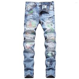 Men's Jeans Men Patchwork Denim Colored Threads Embroidery Holes Ripped Distressed Pants Slim Straight Trousers