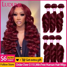 Lace Wigs Luduna 99J gelombang longgar Bunldes rambut manusia Burgundy bundel Remy Brasil warna merah ekstensi tenun 230905