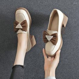 Dress Shoes 2023 Spring And Autumn Thick Heel Bow Mid-heel Loafers Square Head Small Leather Women's