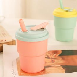 Water Bottles 400ml Coffee Mug With Lid Straw Silicone Portable Cup Milk Tea Leak-proof Drinking Student School Travel