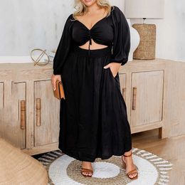 Plus size Dresses KUCLUT Women Size Dress Casual Simple Solid V Neck Hollow Out Long Lantern Sleeve Backless Beach Party Oversize 230905