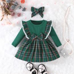 Girl Dresses Baby Girls Dress Christmas Clothes Plaid Patchwork Crew Neck Long Sleeve Fall Fashion Casual Princess With Headband