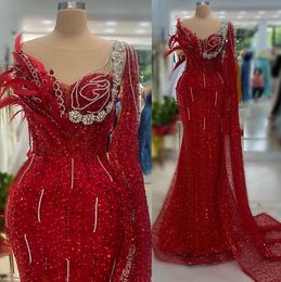 2023 Aso Ebi Arabic Mermaid Red Prom Dress Crystals Beaded Feather Evening Formal Party Second Reception Birthday Engagement Gowns Dresses Robe De Soiree ZJ366