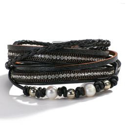 Charm Bracelets ALLYES Bohemian Pearl Beaded Leather Bracelet For Men Braided Multilayer Wrap & Bangles Retro Crystal Jewellery