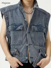 Men's Vests Denim Men Summer Washed Retro Cowboy Classic Waistcoat Hong Kong Style Streetwear Comfortable Belt Single Breasted Chic