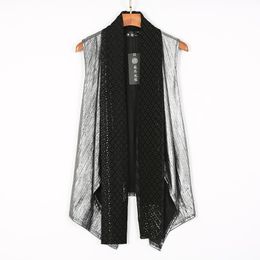 Men's Vests Mesh Patchwork Silver Colour Fashion Long Vest Men Harajuku Hip Hop Slim Fit Waistcoat Korean Style Cloak Sleeveless Jacket 230905