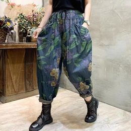 Women's Jeans 2023 Summer Arts Style Women Elastic Waist Loose Ankle-length Vintage Print Cotton Denim Harem Pants Ladies C913