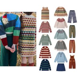 Jerseys Pre sale Girls Set 2023 Autumn Winter KP Pastoral Children s Stripe Knitwear Sweater Short Skirt Strap Pants Fashion 230906