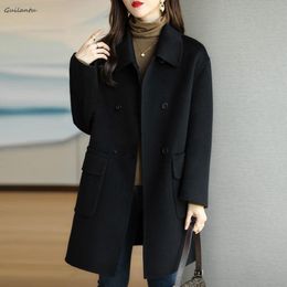 Womens Wool Blends Spring Autumn Cotton Woolen Coat Women Turndown Collar Long Sleeve Plus Size Slim Jacket Cardigan Outerwear Female 230905