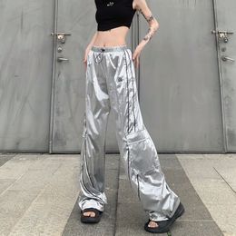 Womens Pants Capris Korean Fashion Elastic High Waist Silver Straight Leg Women Streetwear Side Stripe Pockets Dance Girl Joggers 230905