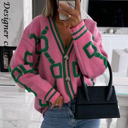 Women s Sweaters Women Cardigan Green Striped Pink Knit Button Lady Cardigans V neck Loose Casual Winter Fashion Knitted Coat 230906