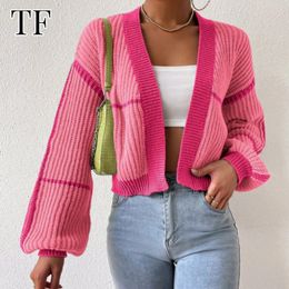 Womens Sweaters Spring Autumn Contrast Knitted Cardigan Women Fashion Outerwear Buttonless Sweater Coats Striped Lantern Sleeves Pink Cardigans 230905