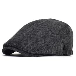 Berets Winter Autumn Thick Warm Sboy Cap Men Vintage Herringbone Casual Stripe Gatsby Flat Hat Peaked Adjustable